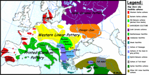 Mappa del Neolitico europeo all'apice dell'espansione danubiana, circa 4500 a.C.-4000 a.C.. 